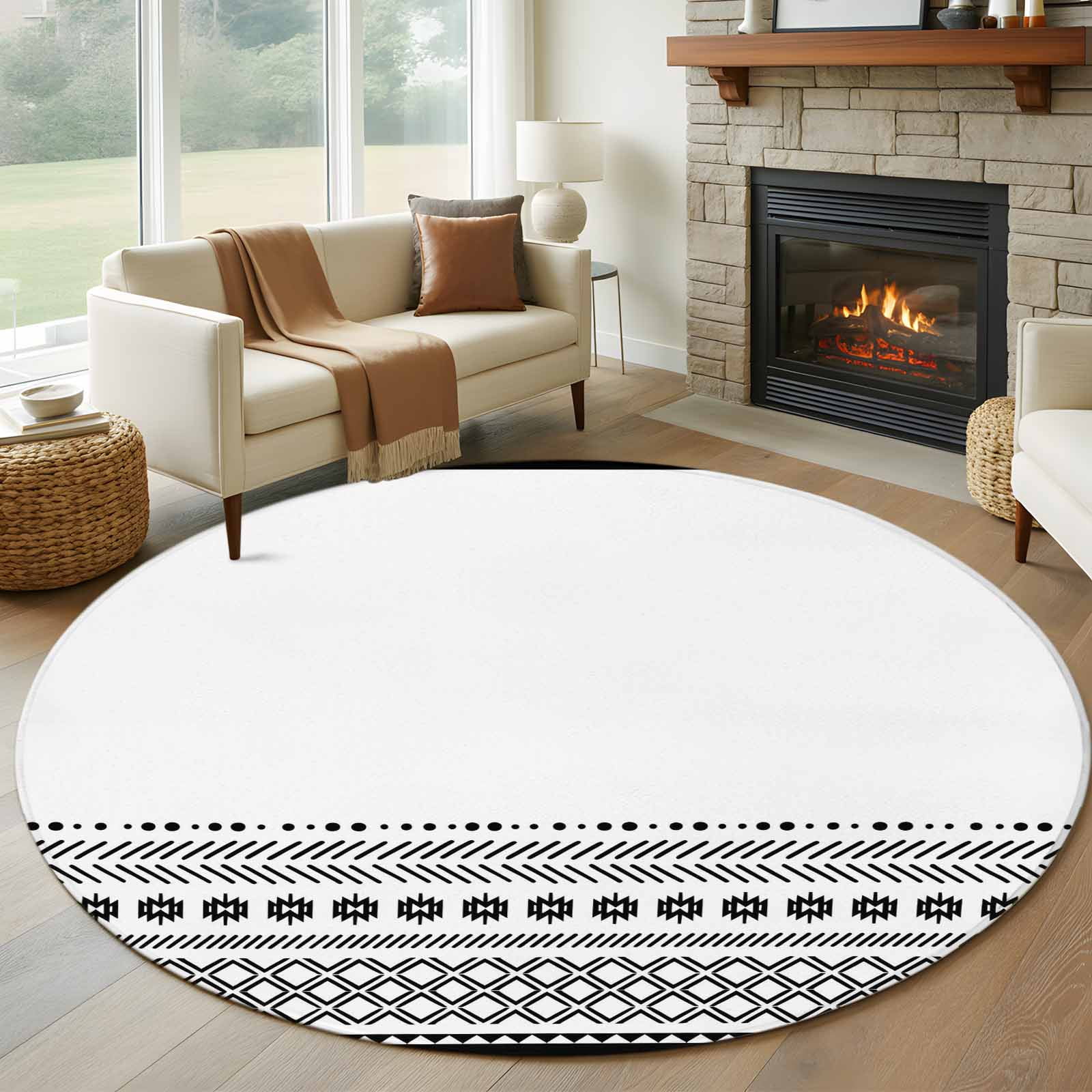 Round Rubber Rug 7ft Round Rug, Boho Geometric Non-Skid Rubber Backing Large Area Rugs ...
