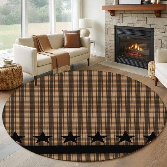 7ft Round Rug, Brown Black Plaid Non-Skid Rubber Backing Large Area Rugs - Living Room Bedroom Home Office, Vintage Rustic Star Buffalo Check Indoor Floor Mat Carpets Washable Rug