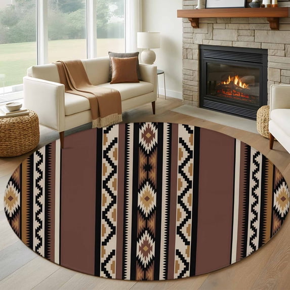 7ft Round Rug, Brown Boho Non-Skid Rubber Backing Large Area Rugs - Living Room Bedroom Home Office, Vintage Ethnic Tribe Retro Abstract Art Indoor Floor Mat Carpets Washable Rug
