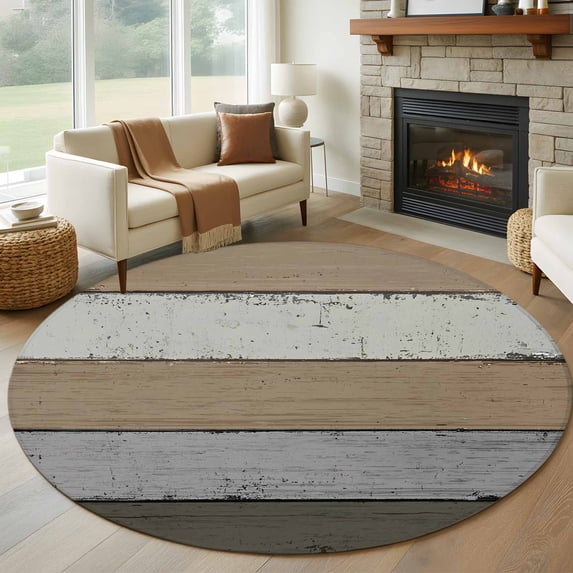 7ft Round Rug, Brown Wood Grain Non-Skid Rubber Backing Large Area Rugs - Living Room Bedroom Home Office, Vintage Grey Stripe Gradient Grain Indoor Floor Mat Carpets Washable Rug