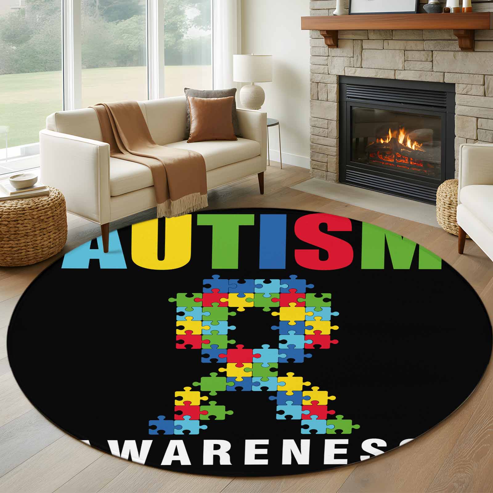7ft Round Rug, Cartoon Autism Non-Skid Rubber Backing Large Area Rugs ...