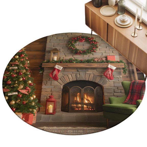 7ft Round Rug Christmas Area Rugs for Living Room Bedroom Washable Non Slip Circle Rug Low Pile Winter Fireplace Wreath Modern Xmas Scenery Indoor Floor Carpet for Kitchen Entryway Office Dining Room