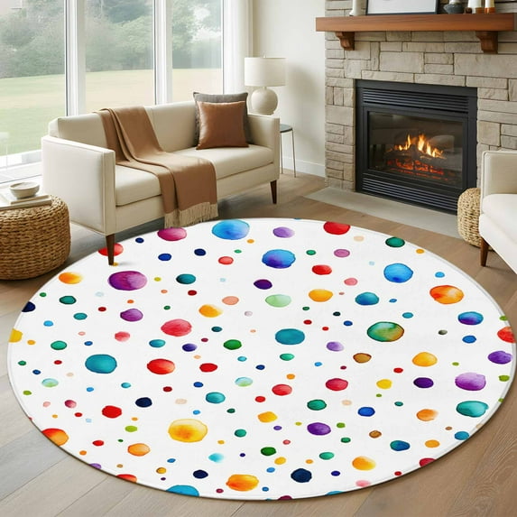 7ft Round Rug, Colorful Polka Dot Non-Skid Rubber Backing Large Area Rugs - Living Room Bedroom Home Office, Rainbow Color Polka Dots Abstract Indoor Floor Mat Carpets Washable Rug