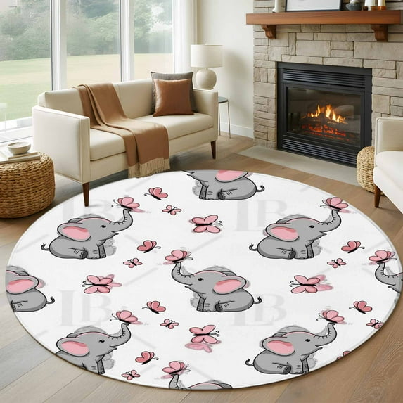 7ft Round Rug, Cute Elephants Non-Skid Rubber Backing Large Area Rugs - Living Room Bedroom Home Office, Cartoon Funny Butterflies Pink Indoor Floor Mat Carpets Washable Rug