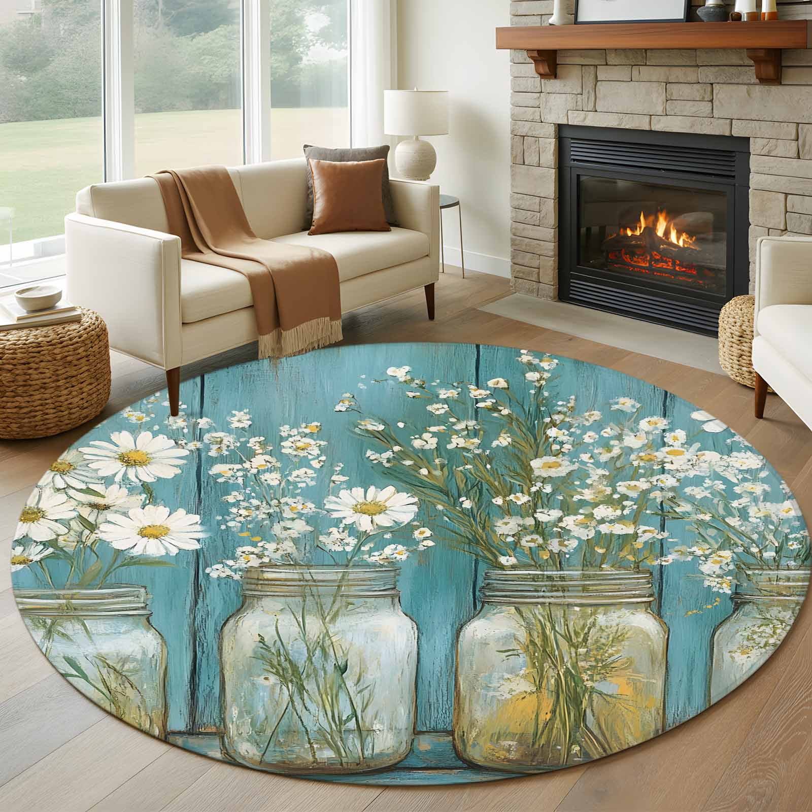 Oil Rug Rkb 7ft Round Rug, Daisy Flower Non-Skid Rubber Backing Large Area Rugs ...