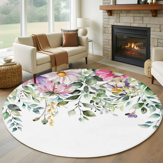 7ft Round Rug, Eucalyptus Flower Non-Skid Rubber Backing Large Area Rugs - Living Room Bedroom Home Office, Sage Green Botanical Boho Leaf Pink Indoor Floor Mat Carpets Washable Rug