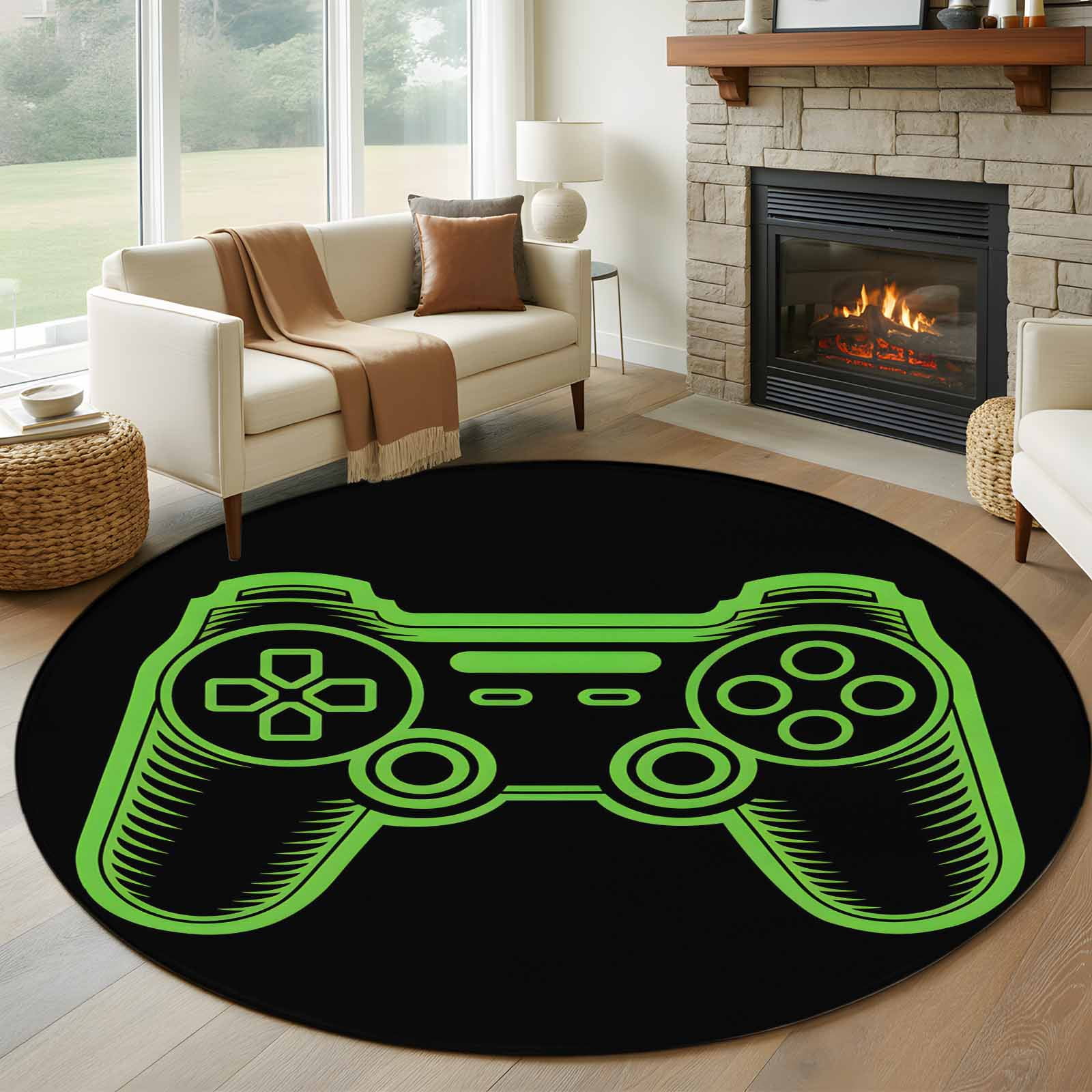 7ft Round Rug, Green Game Controller Non-Skid Rubber Backing Large Area ...