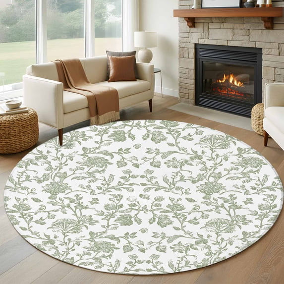 7ft Round Rug, Green Leaf Flower Non-Skid Rubber Backing Large Area Rugs - Living Room Bedroom Home Office, Vintage Farmhouse Bohemian Spring Indoor Floor Mat Carpets Washable Rug