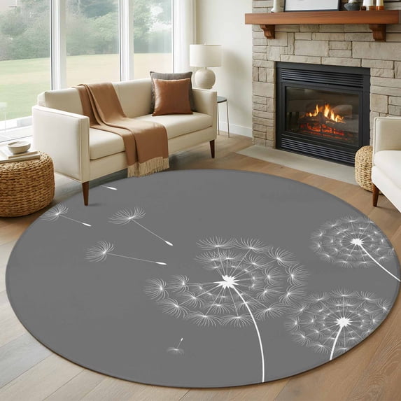 7ft Round Rug, Grey Dandelion Non-Skid Rubber Backing Large Area Rugs - Living Room Bedroom Home Office, Abstract Art Simple Floral Indoor Floor Mat Carpets Washable Rug