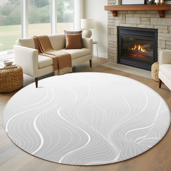 7ft Round Rug, Grey Geometric Non-Skid Rubber Backing Large Area Rugs - Living Room Bedroom Home Office, Modern White Stripe Abstract Distortion Art Indoor Floor Mat Carpets Washable Rug