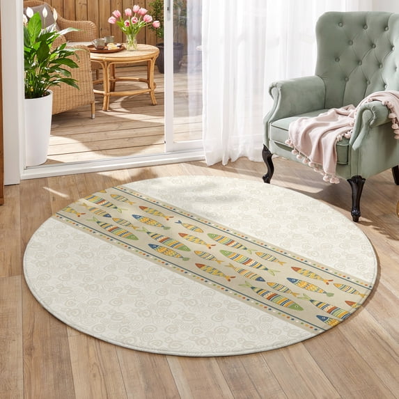 Beige Border Rug 7ft Round Rug for Living Room Coastal Fish Washable Non-Slip Rug Retro ...