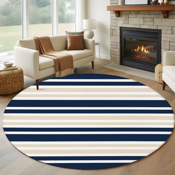7ft Round Rug, Navy Blue Khaki Striped Non-Skid Rubber Backing Large Area Rugs - Living Room Bedroom Home Office, Gradient Horizontal Lines Indoor Floor Mat Carpets Washable Rug