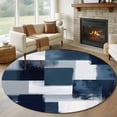 thumbnail image 1 of 7ft Round Rug, Navy Blue White Non-Skid Rubber Backing Large Area Rugs - Living Room Bedroom Home Office, Modern Abstract Art Oil Painting Geometric Indoor Floor Mat Carpets Washable Rug, 1 of 9