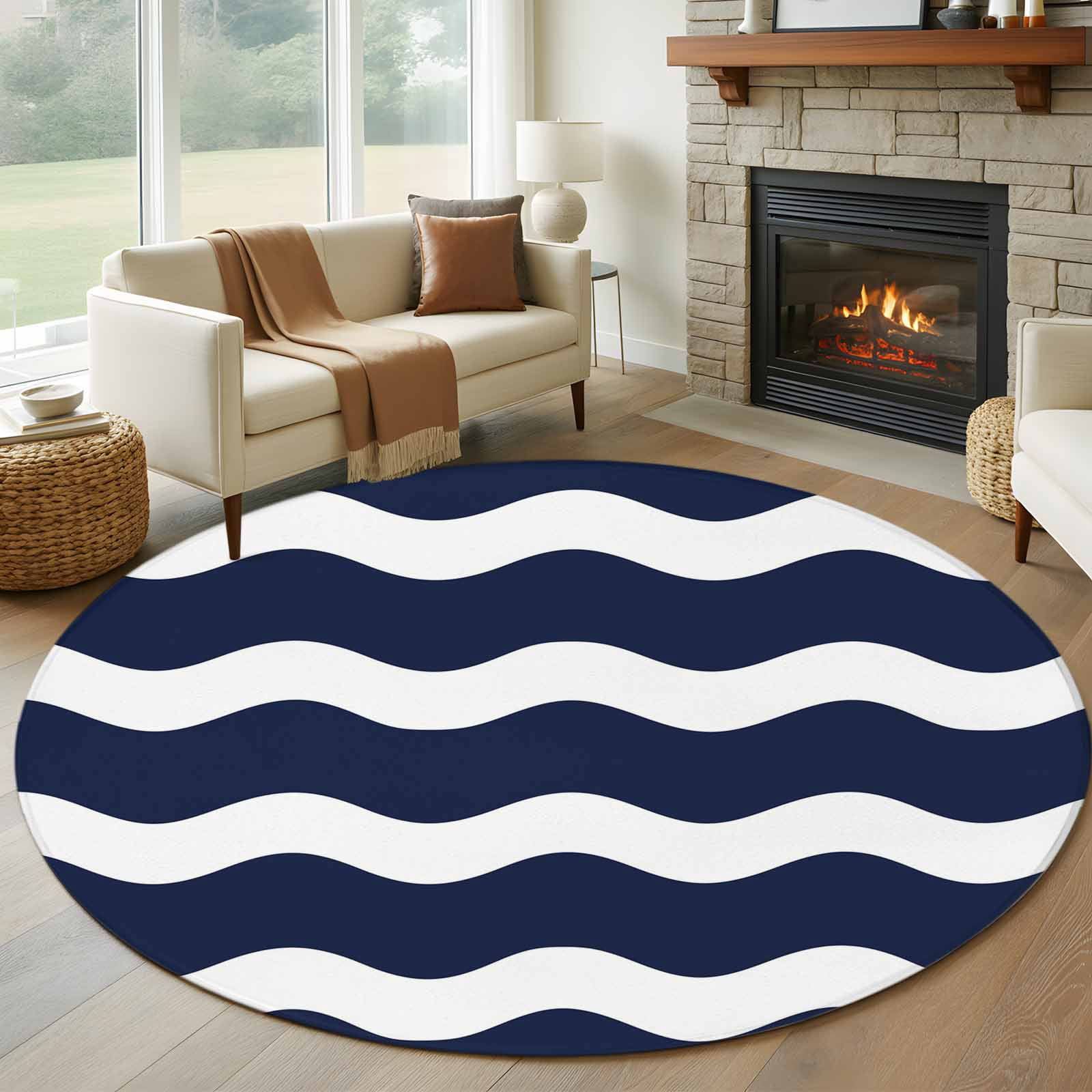 Large Navy Round Rugs 7ft Round Rug, Navy Ripple Non-Skid Rubber Backing Large Area Rugs ...