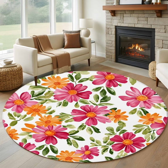 7ft Round Rug, Pink Orange Floral Non-Skid Rubber Backing Large Area ...