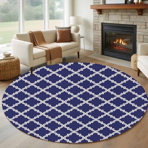 7ft Round Rug, Quatrefoil Moroccan Pattern Non-Skid Rubber Backing Large Area Rugs - Living Room Bedroom Home Office, Geometric Blue Morocco Indoor Floor Mat Carpets Washable Rug