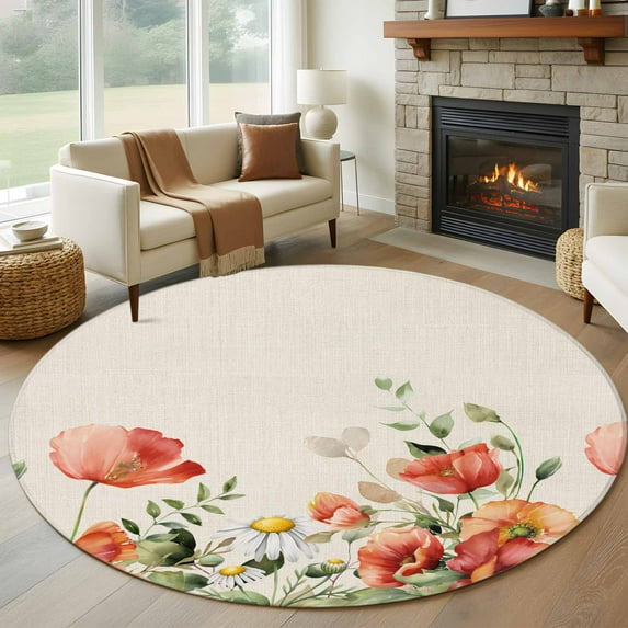 7ft Round Rug, Red Poppy Non-Skid Rubber Backing Large Area Rugs ...