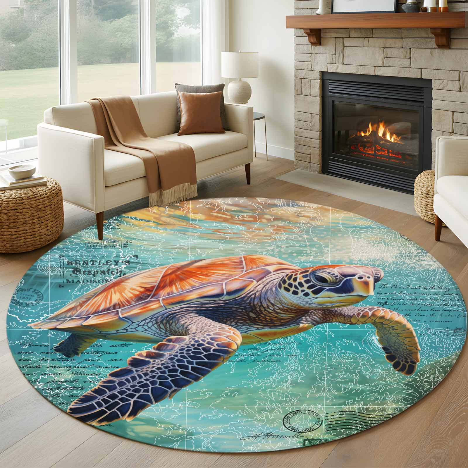7ft Round Rug, Sea Turtle Non-Skid Rubber Backing Large Area Rugs ...