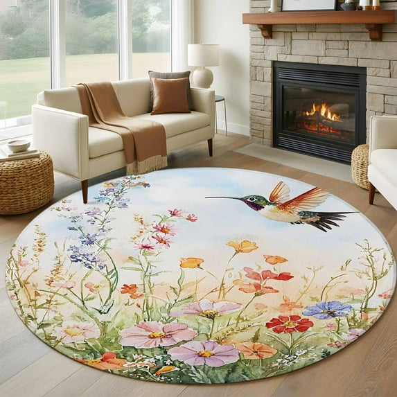 7ft Round Rug, Spring Floral Non-Skid Rubber Backing Large Area Rugs - Living Room Bedroom Home Office, Hummingbird Summer Botanical Watercolor Indoor Floor Mat Carpets Washable Rug