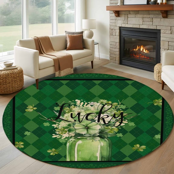 7ft Round Rug, St. Patrick's Day, Non-Skid Rubber Backing Large Area Rugs - Living Room Bedroom Home Office, Flower Leaves Vase Green Buffao Lattice Indoor Floor Mat Carpets Washable Rug