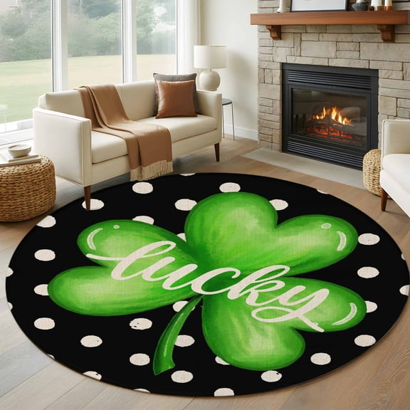 7ft Round Rug, St. Patrick's Day Non-Skid Rubber Backing Large Area Rugs - Living Room Bedroom Home Office, Green Lucky Black White Polka Dots Indoor Floor Mat Carpets Washable Rug
