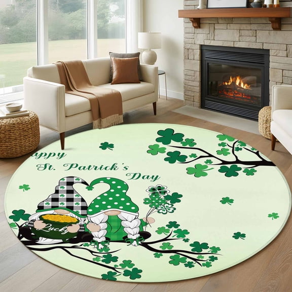 7ft Round Rug, St. Patrick's Day Non-Skid Rubber Backing Large Area Rugs - Living Room Bedroom Home Office, Green Ombre Lucky Tree Gnomes Indoor Floor Mat Carpets Washable Rug
