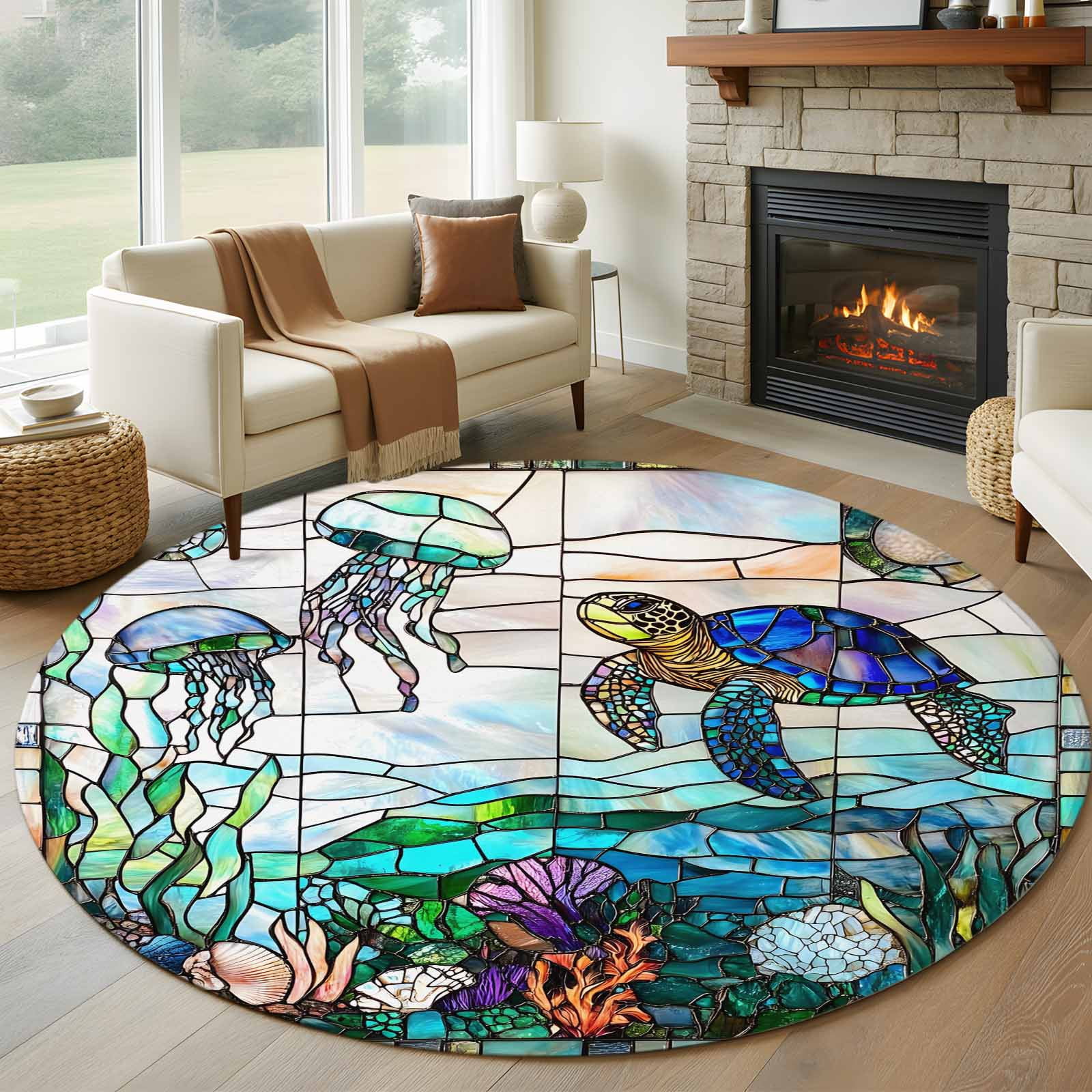 Round Rug Turle 7ft Round Rug, Summer Sea Turtle Non-Skid Rubber Backing Large Area ...
