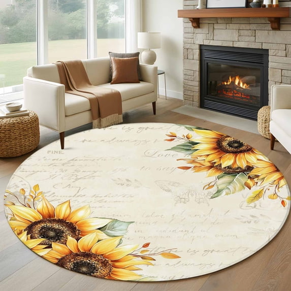 7ft Round Rug, Sunflower Non-Skid Rubber Backing Large Area Rugs - Living Room Bedroom Home Office, Yellow Spring Summer Floral Farmhouse Indoor Floor Mat Carpets Washable Rug