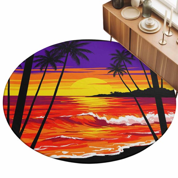 7ft Round Rug Sunset Beach Area Rugs for Living Room Bedroom Washable Non Slip Circle Rug Low Pile Coastal Tropical Palm Tree Seaside Indoor Floor Carpet for Kitchen Entryway Office Dining Room Home