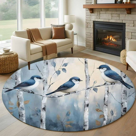 7ft Round Rug, Teal Forest Birds Non-Skid Rubber Backing Large Area ...