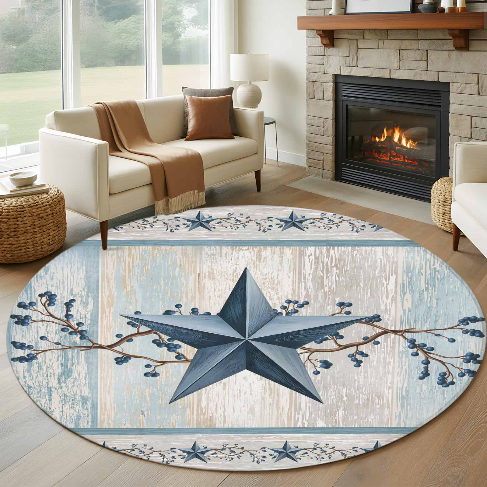 7ft Round Rug, Texas Star Blue Non-Skid Rubber Backing Large Area Rugs ...