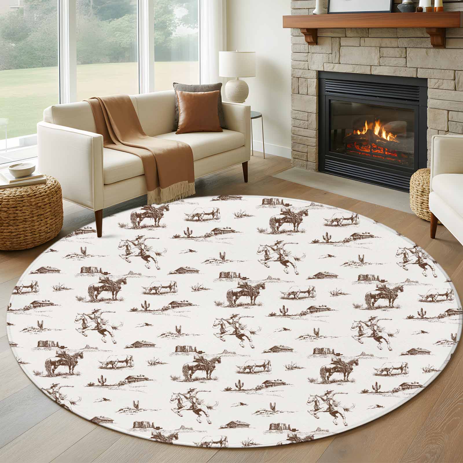 7ft Round Rug, Western Cowboy Non-Skid Rubber Backing Large Area Rugs ...