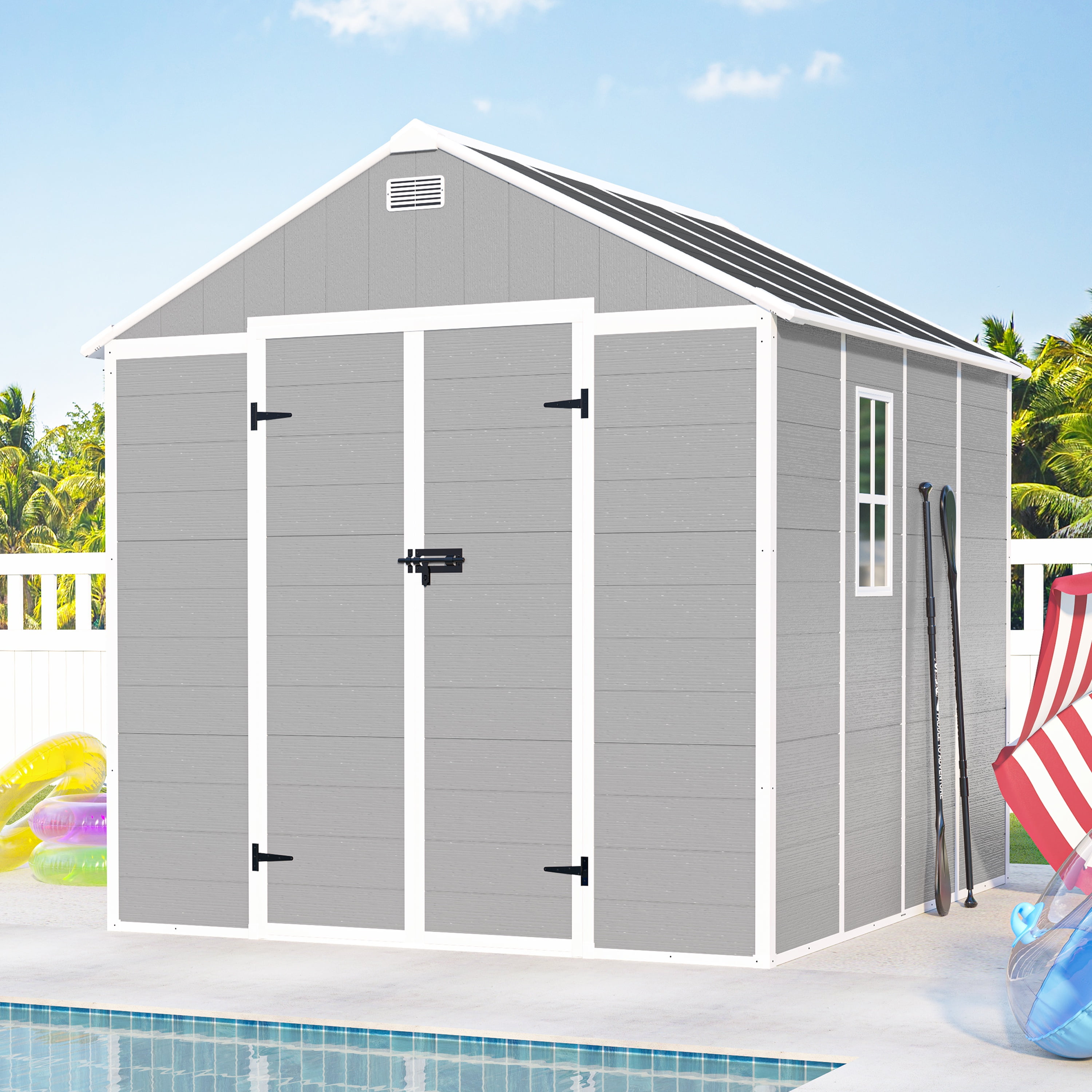 8x8ft Shed and Outdoor Storage, Garden Tool Resin Shed w/ Double Lockable Doors, All-Weather XXL ...