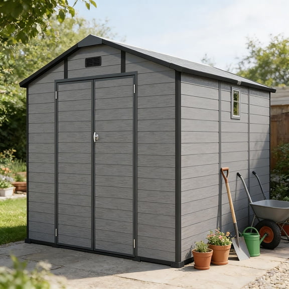 10x7.6ft Shed and Outdoor Storage, Garden Tool Resin Shed w/ Double Lockable Doors, All-Weather XXL Patio Storage Sloped Roof, Backyard Bike Shed with 2 Windows