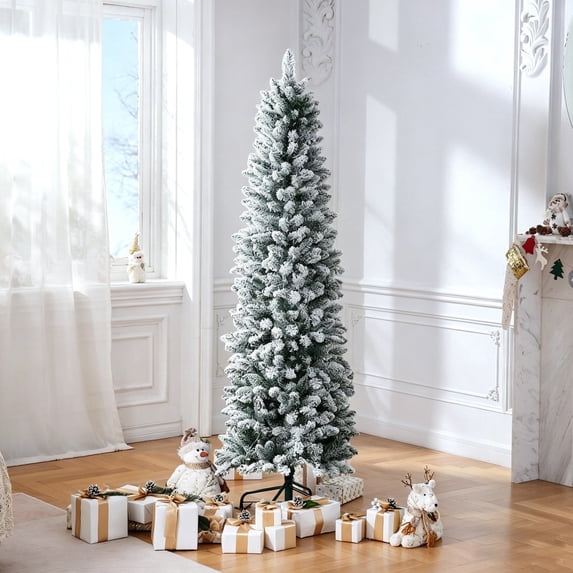 7ft Snow Flocked Pencil Christmas Tree with 690 Branch Tips, White Unlit Artificial Skinny Xmas Tree with Folding Metal Stand, Dense Branches, Slim Snowy Tree for Home Office Holiday Decoration