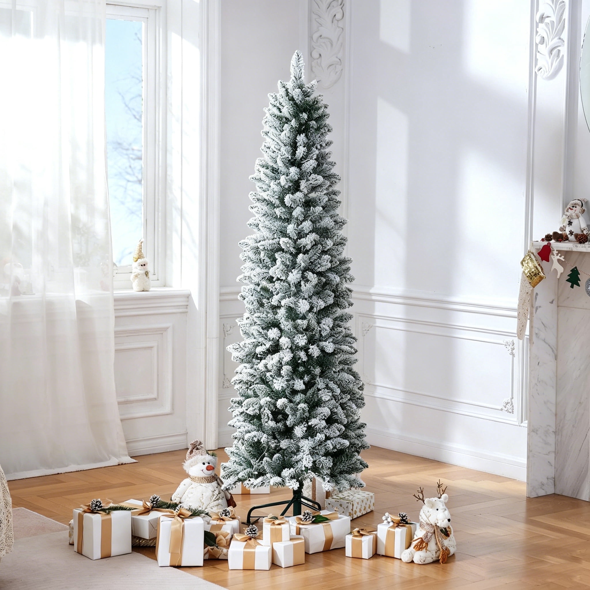 7ft Snow Flocked Pencil Christmas Tree with 690 Branch Tips, White Unlit Artificial Skinny Xmas Tree with Folding Metal Stand, Dense Branches, Slim Snowy Tree for Home Office Holiday Decoration