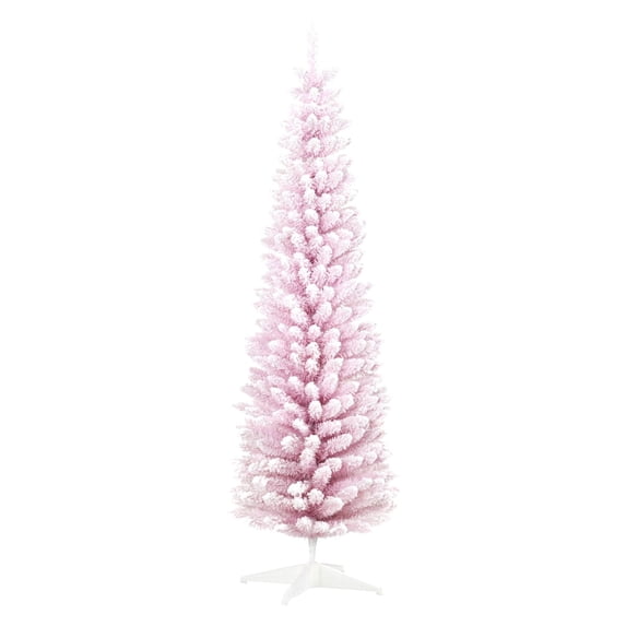 7ft Snow Flocked Pencil Christmas Tree - Pink Artificial Xmas Tree with Realistic Branches