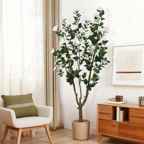 7ft Tall Camellia Artificial Tree Handmade Faux Floral Camellia Tree Pink White Blooming Flowers & Green Leaves Artificial Plants for Home Front Door Decor Indoor Outdoor Spring Party Wedding