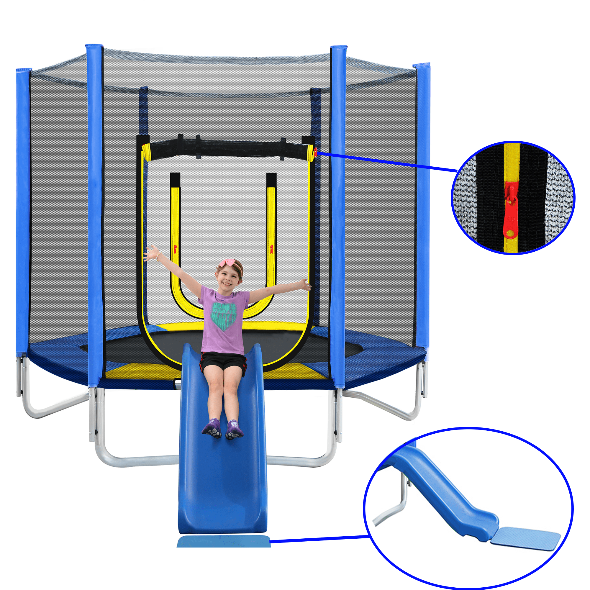 7ft Trampoline for Kids, Trampoline with Safety Enclosure Net, Outdoor Trampoline with Slide & Ladder and Soft Pad, 220lbs Capacity, Easy Assembly, Indoor Use, Blue