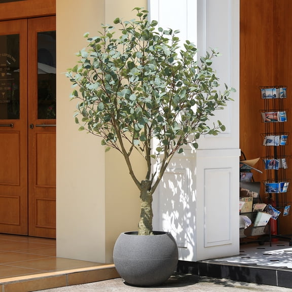 7ft UV Resistant Fake Eucalyptus Tree with Grey Tall Planter, Pre Potted Artificial Eucalyptus Tree for Indoor Outdoor Home Decor, Big Faux Plant Fake Plants for Home Decor