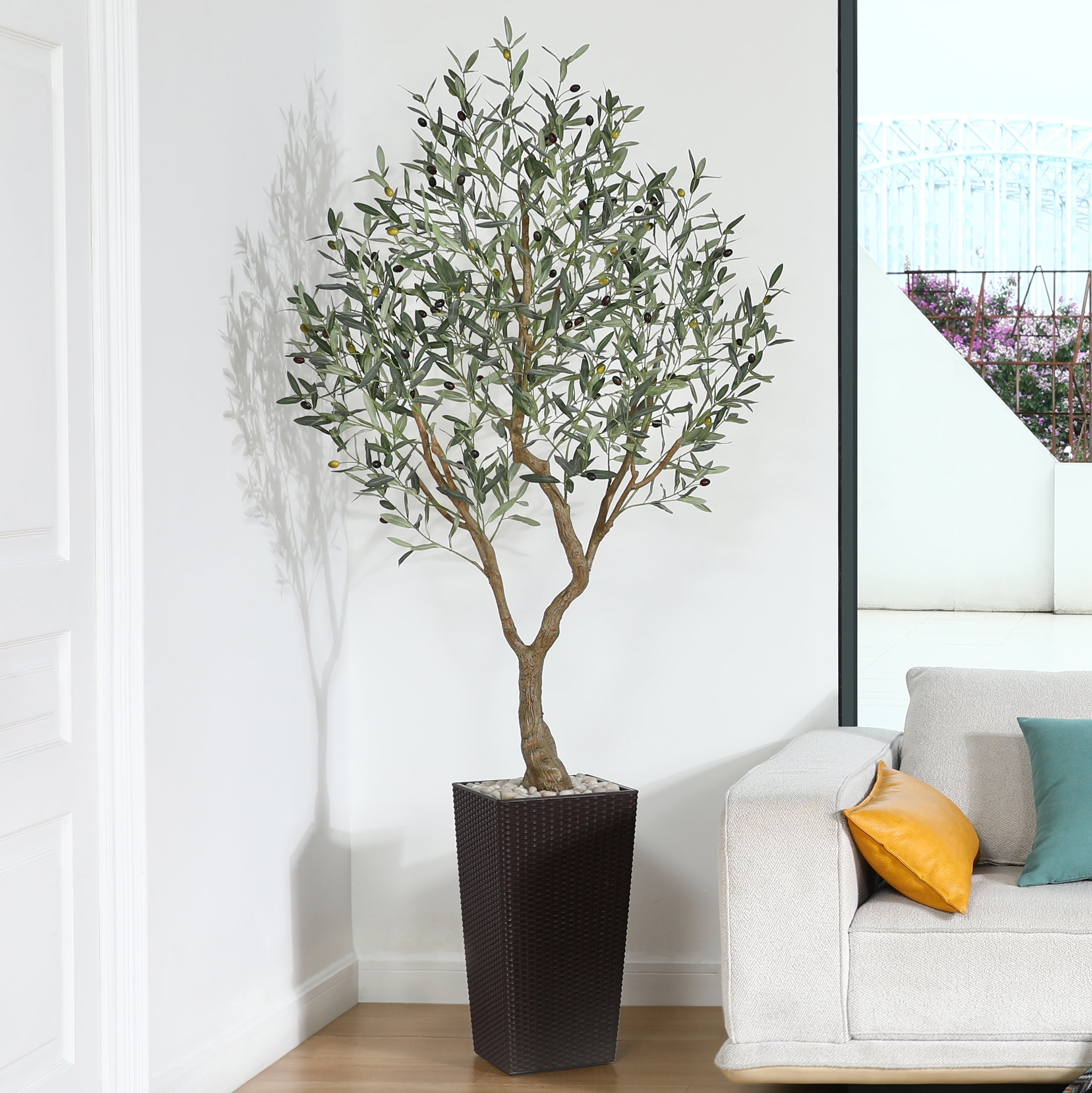 7ft UV Resistant Fake Olive Tree with Brown Tall Planter, Pre Potted ...