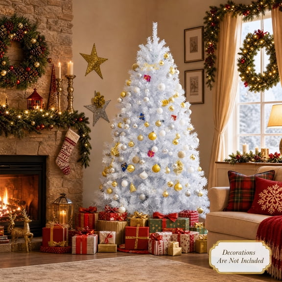 7ft Unlit Hinged Artificial Christmas Tree with 1156 Branch Tips, Iridescent Artificial Xmas Trees with Metal Stand