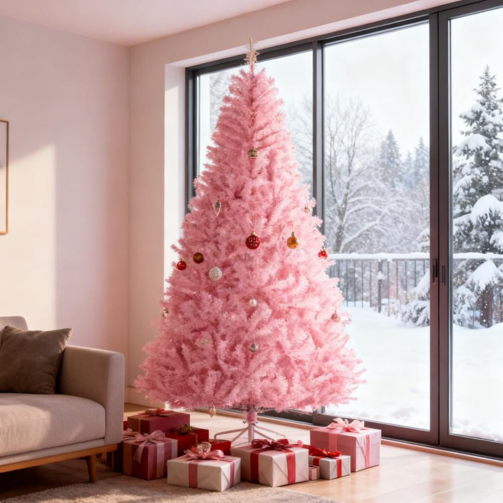 7ft Unlit Pink Christmas Tree 1288 Tips Wide Shape Flame Retardant Indoor Holiday Decor