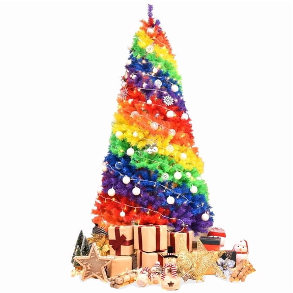 7ft Unlit Rainbow Swirl Hinged Artificial Christmas Tree with 1213 Colorful PVC Branch TipsIndoor & Outdoor Holiday Decoration for Home Apartment Shop
