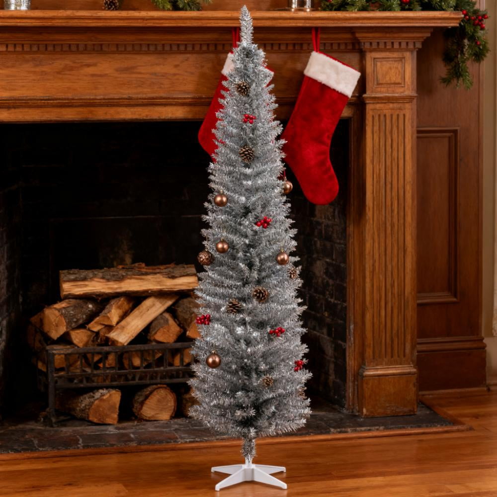 7ft Unlit Silver Pencil Christmas Tree 499 Tips Easy Assembly Plastic Base Small Space Holiday Decor