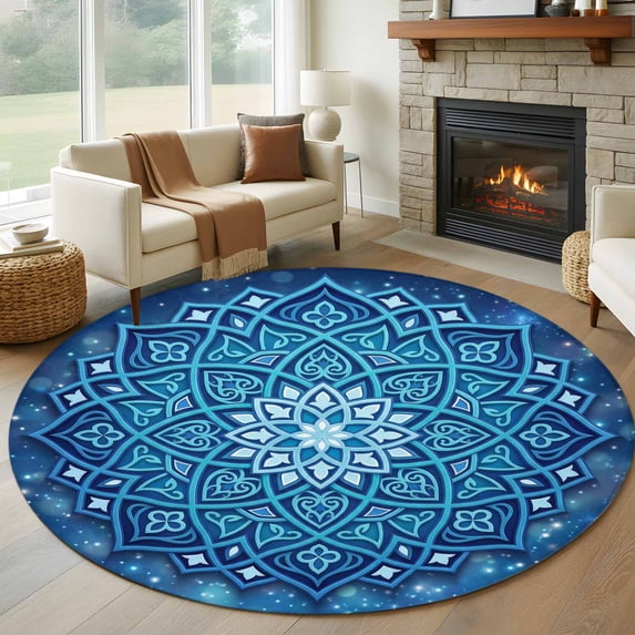 7ft Washable Round Rug, Abstract Art Non-Slip Circle Area Rug for Living Room Dining Room, Blue Gradient Floral 3D Geometric Stars Modern Indoor Floor Mat for Home Decor