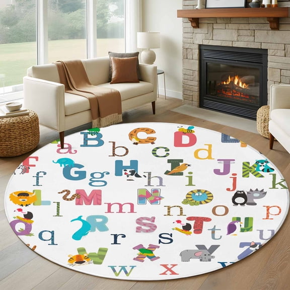 7ft Washable Round Rug, Alphabet Letter Non-Slip Circle Area Rug for Living Room Dining Room, Colorful Cartoon Animals ABCD Letter Indoor Floor Mat for Home Decor