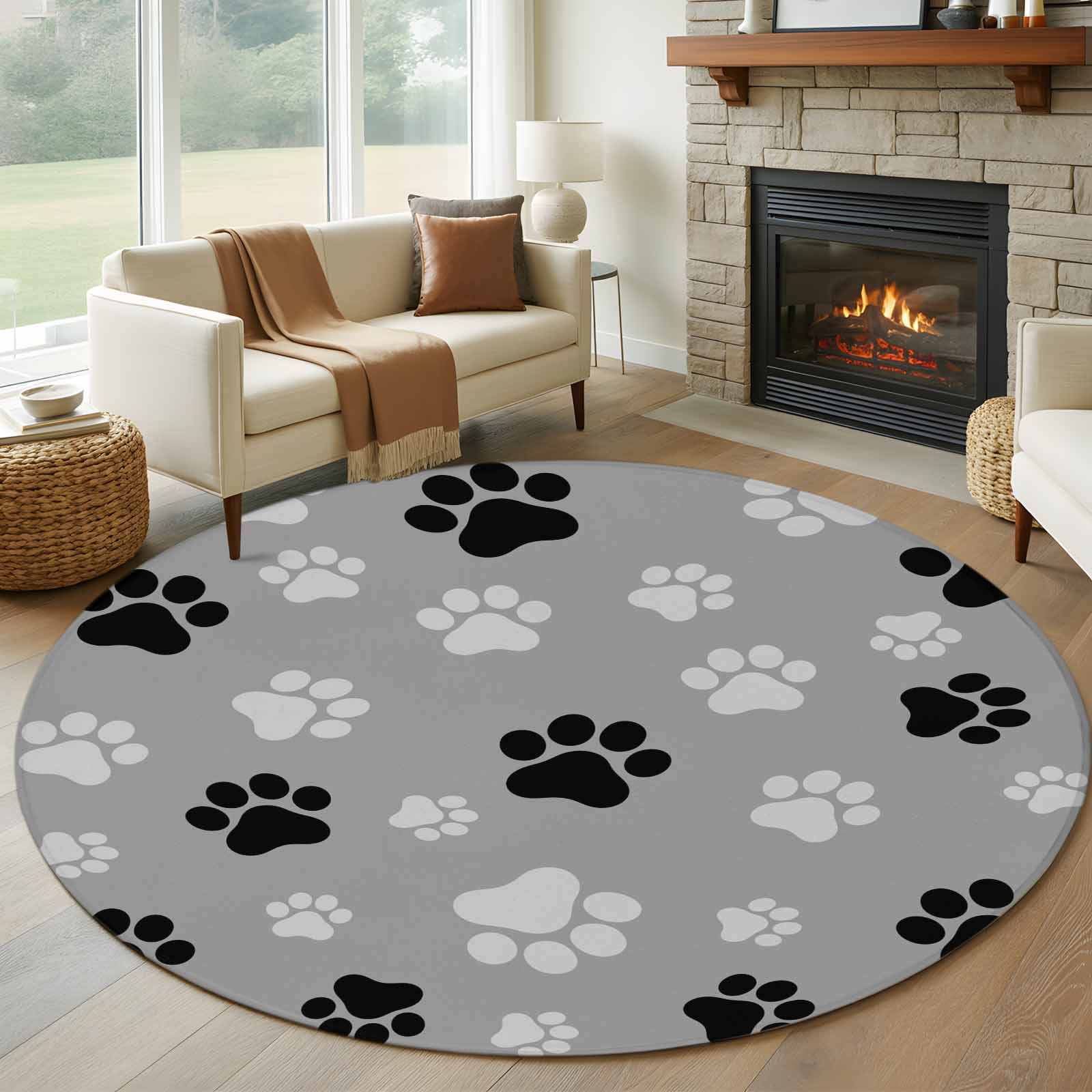 Dog Rug Pattern 7ft Washable Round Rug, Animals Footprints Non-Slip Circle Area Rug for ...