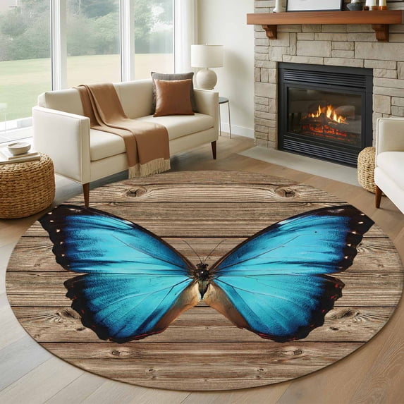 7ft Washable Round Rug, Blue Butterfly Non-Slip Circle Area Rug for Living Room Dining Room, Vintage Brown Wood Grain Retro Bug Indoor Floor Mat for Home Decor