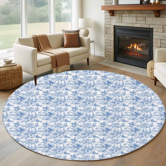 7ft Washable Round Rug, Blue Non-Slip Circle Area Rug for Living Room Dining Room, Cycling Pattern Indoor Floor Mat for Home Decor